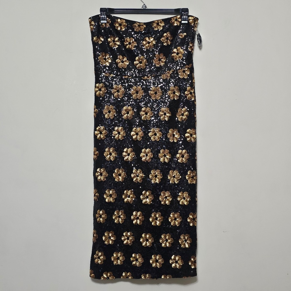 Alex Marie Womens Dress 12 Large Gold Black Strapless Sequin Embroidery Midi 769